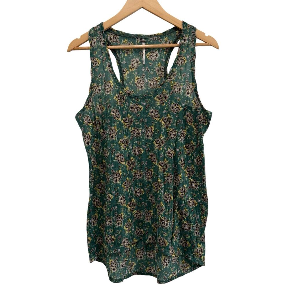 Free People Ditsy Floral Racerback Tank Top Sz M Green‎ Crinkle Lightweight Boho